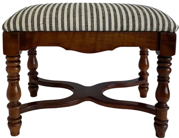 Vintage Mahogany Bench W/Striped Linen Upholstery - Ballyhoo - Brown