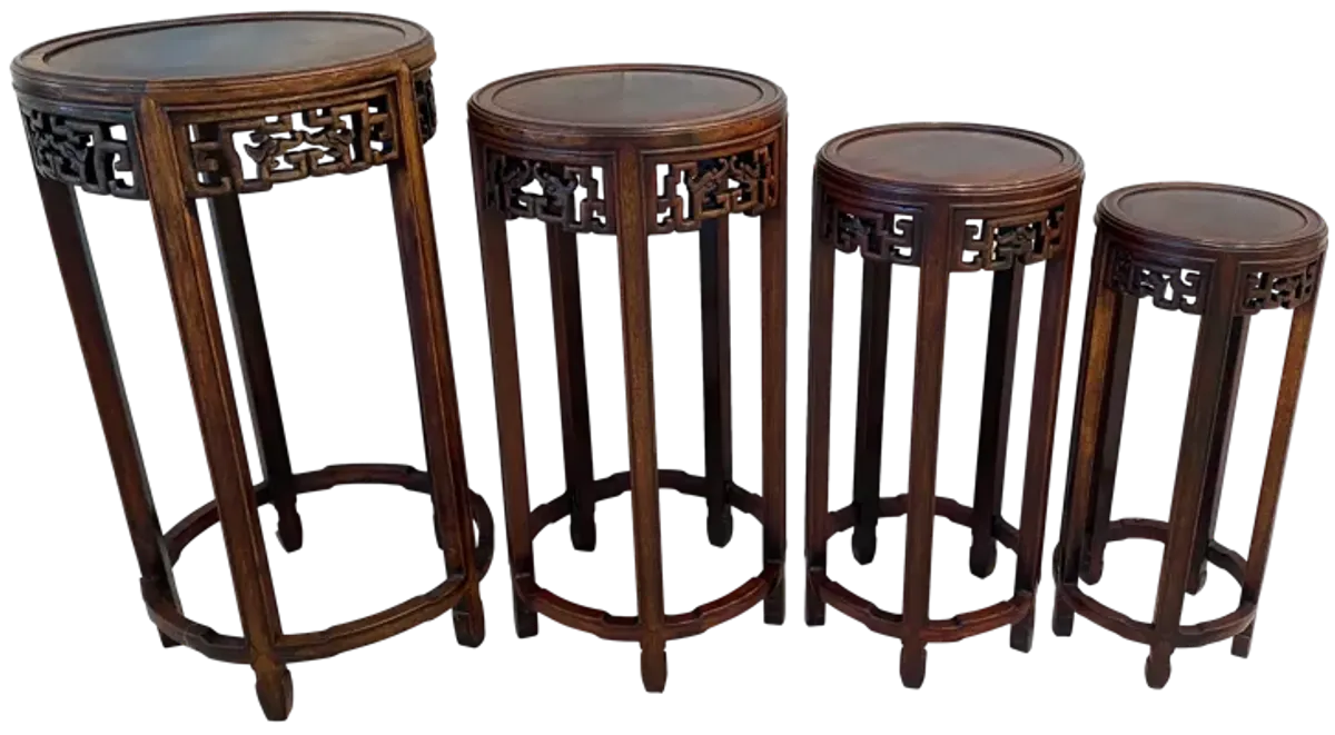 Chinese Carved Round Nesting Tables - Set of 4 - Ballyhoo - brown