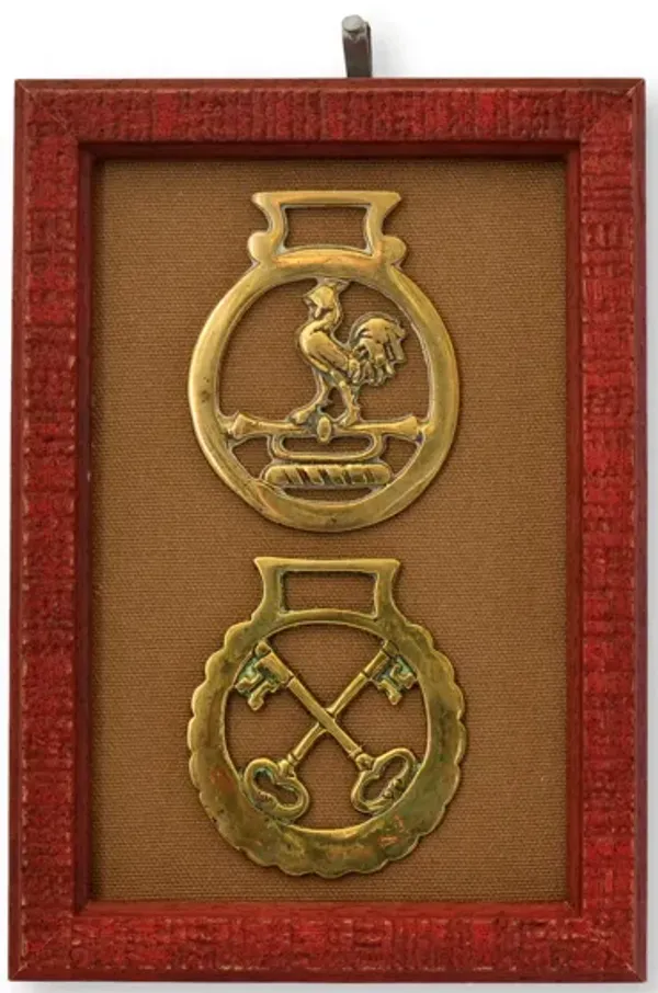 Framed English Horse Brasses – “Cocky" - The Queens Landing - red