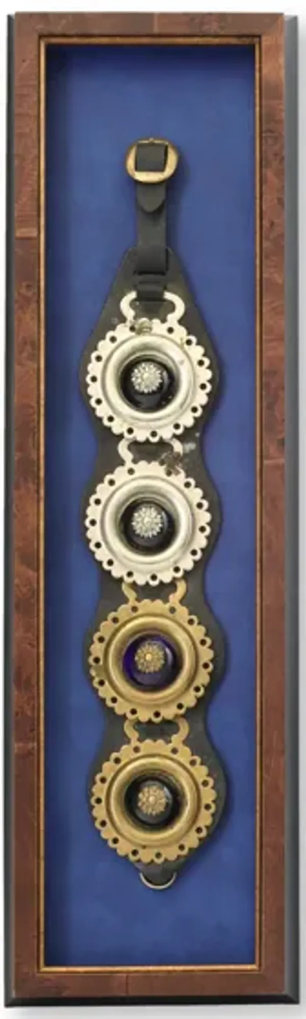 Framed Antique English Horse Brass Strap - The Queens Landing - gold