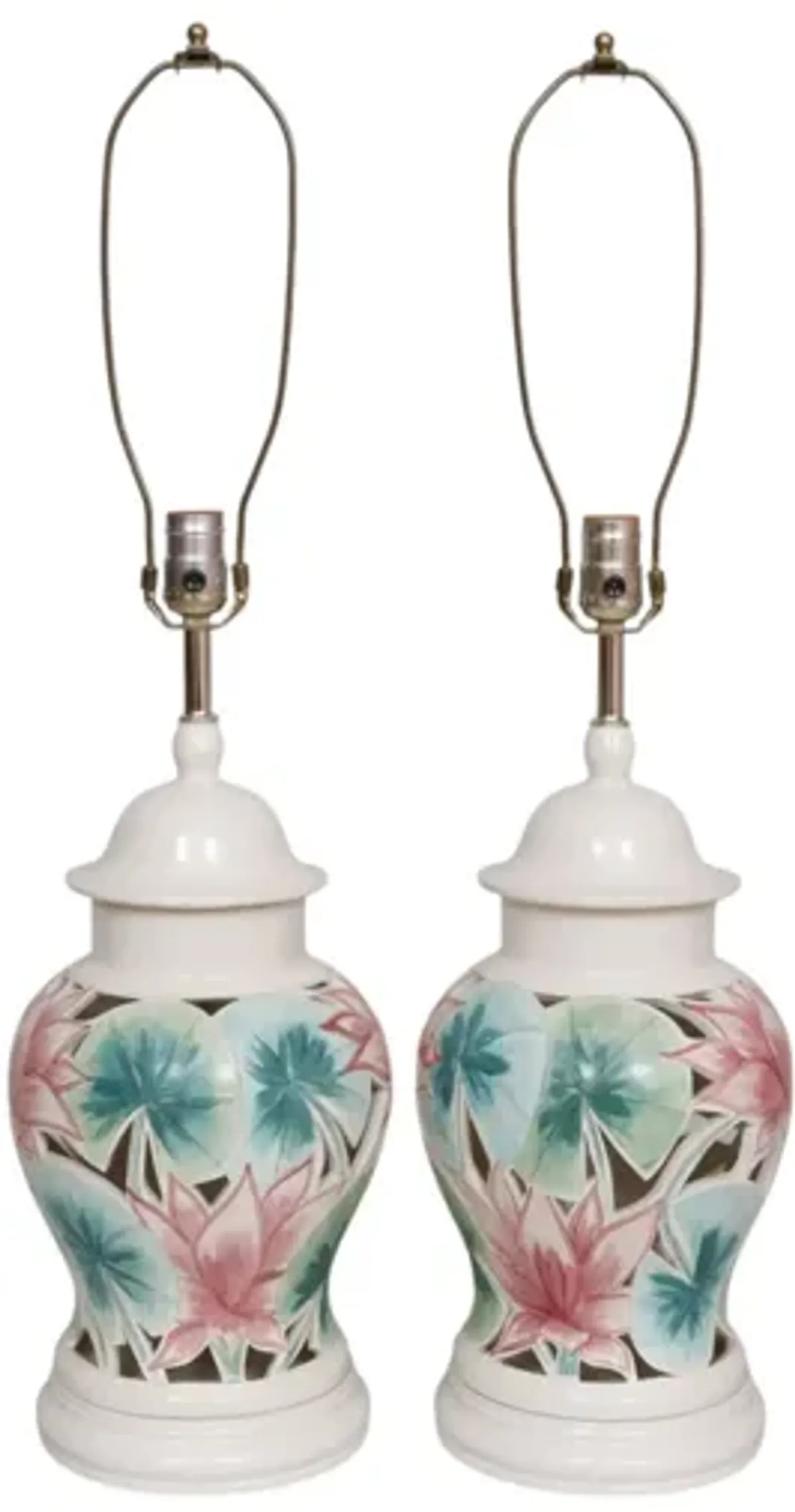 Floral Ginger Jar Table Lamps - a Pair - Interesting Things - white