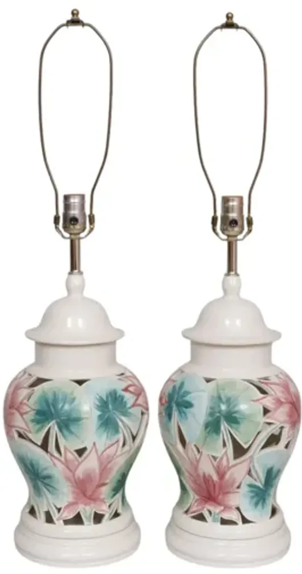 Floral Ginger Jar Table Lamps - a Pair - Interesting Things - white