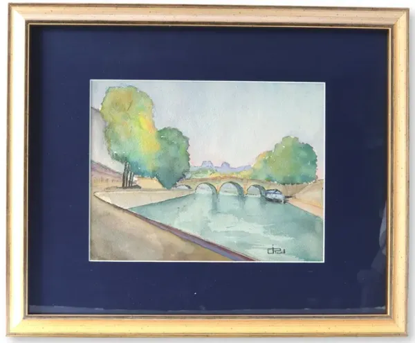 Framed Parisian Watercolor River Scene - New England Mercantile - blue