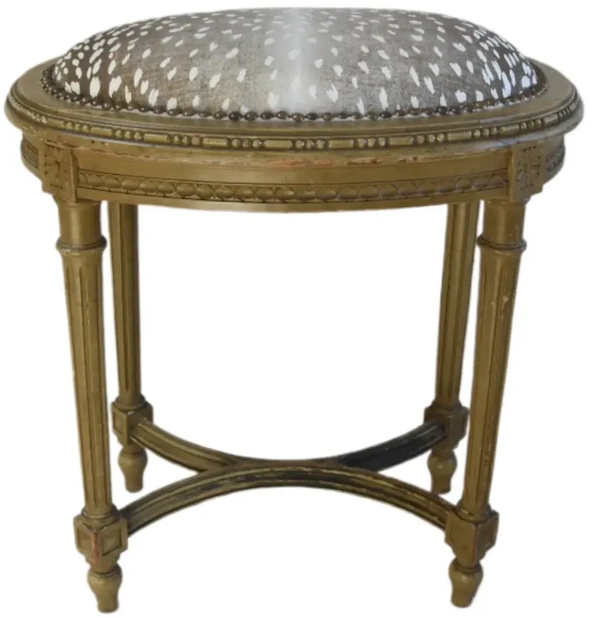 French Carved Stool with Antelope Fabric - beige