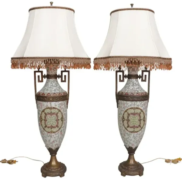 Bronze & Porcelain Table Lamps - a Pair - Interesting Things - brown