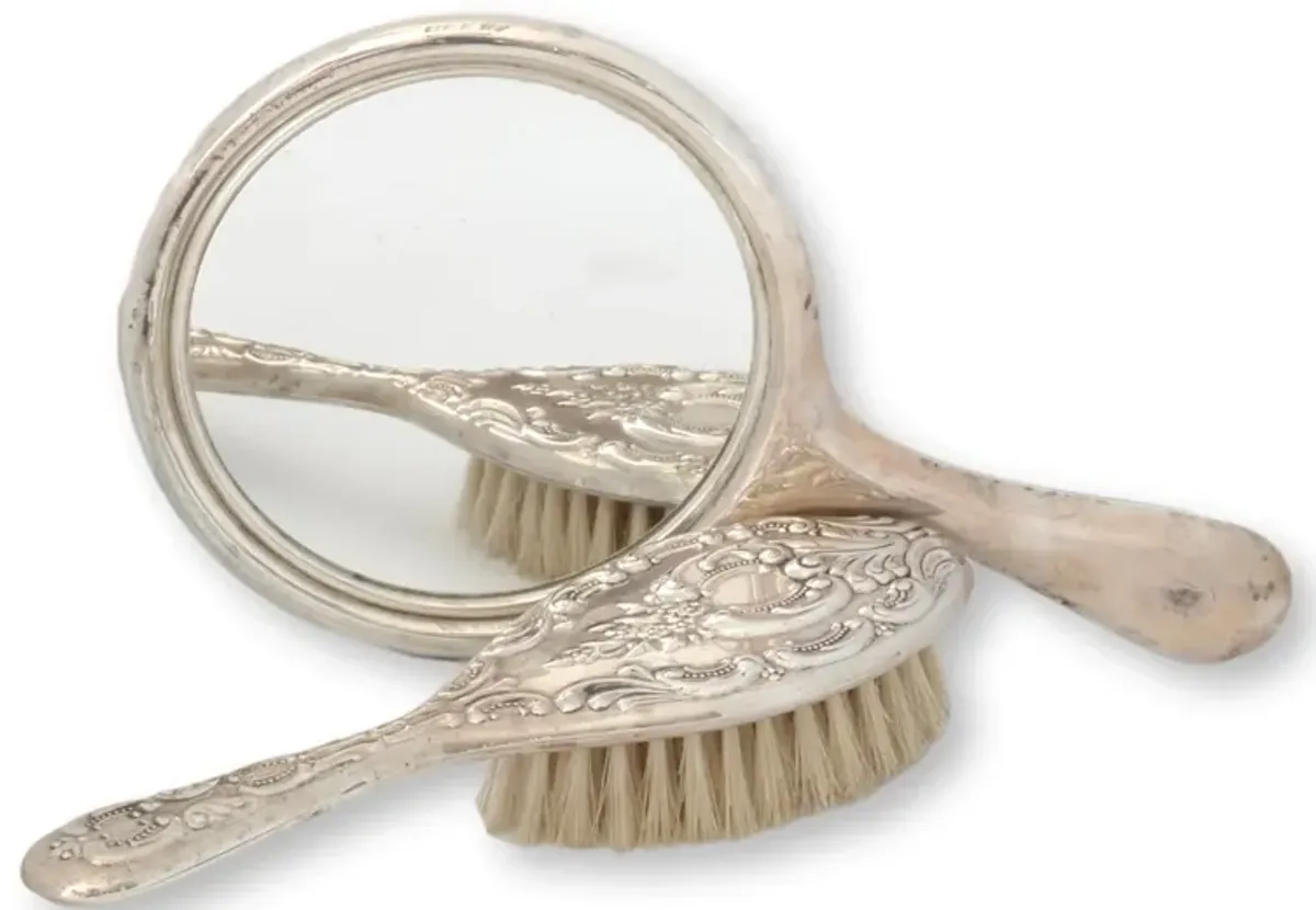 Sterling Silver Vanity Mirror & Brush