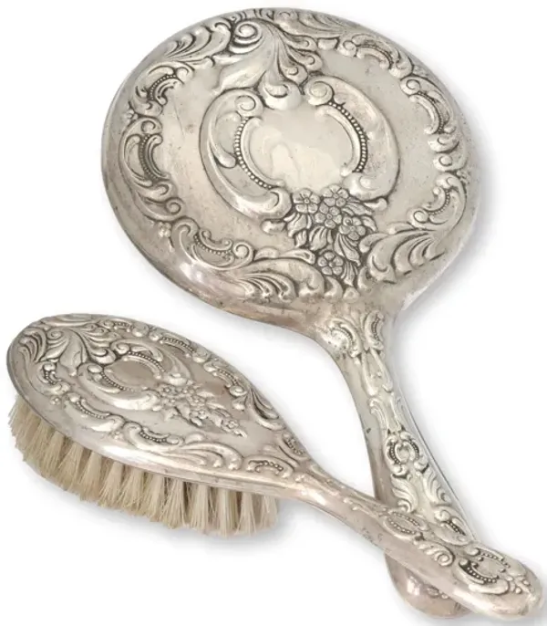 Sterling Silver Vanity Mirror & Brush - Rose Victoria
