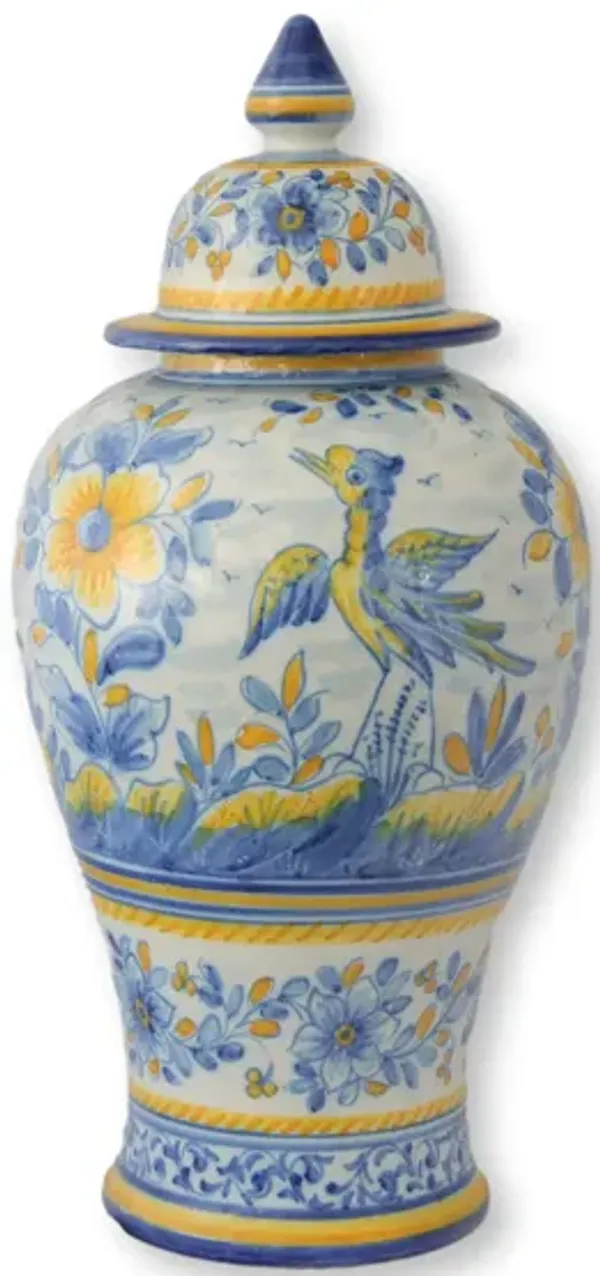 Midcentury Portugese Faience Urn w/Lid - Rose Victoria - blue