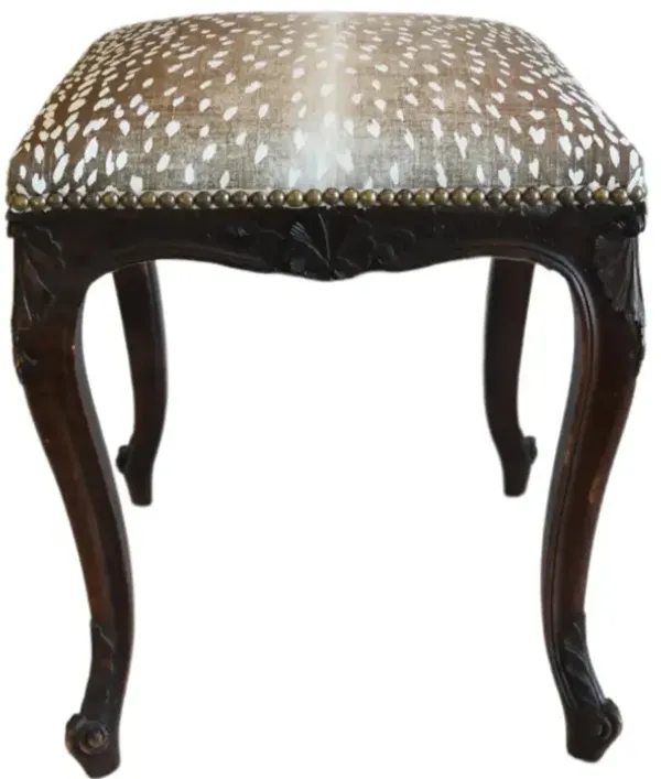 Vintage Vintage Carved Bench with Antelope Fabric - beige