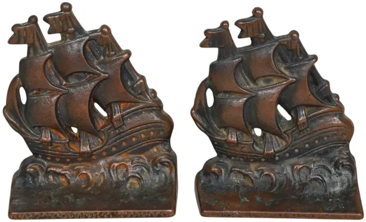 Cast Iron Sailing Ship Bookends - a Pair - Interesting Things - brown