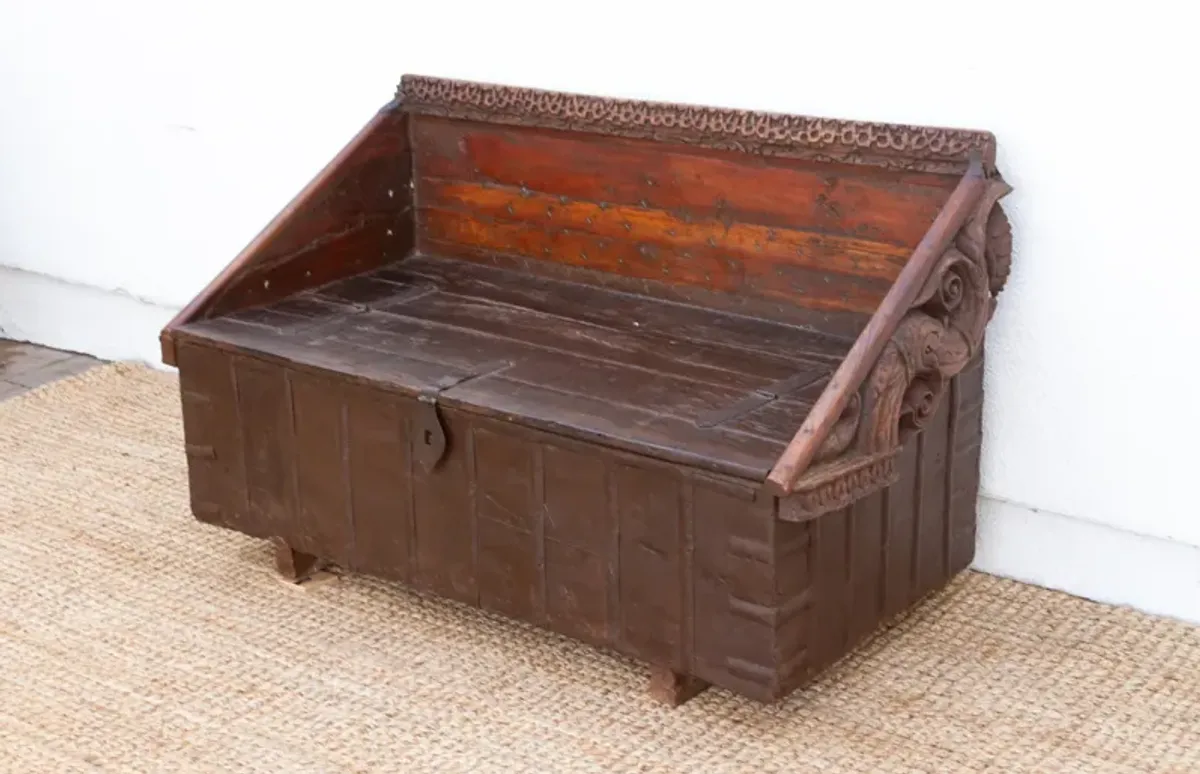 Antique Rajasthani Carved Box Bench - de-cor - Brown