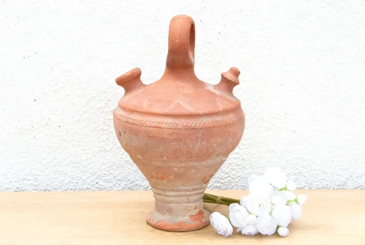 Antique Spanish Terracotta Botijo Vessel - de-cor - brown