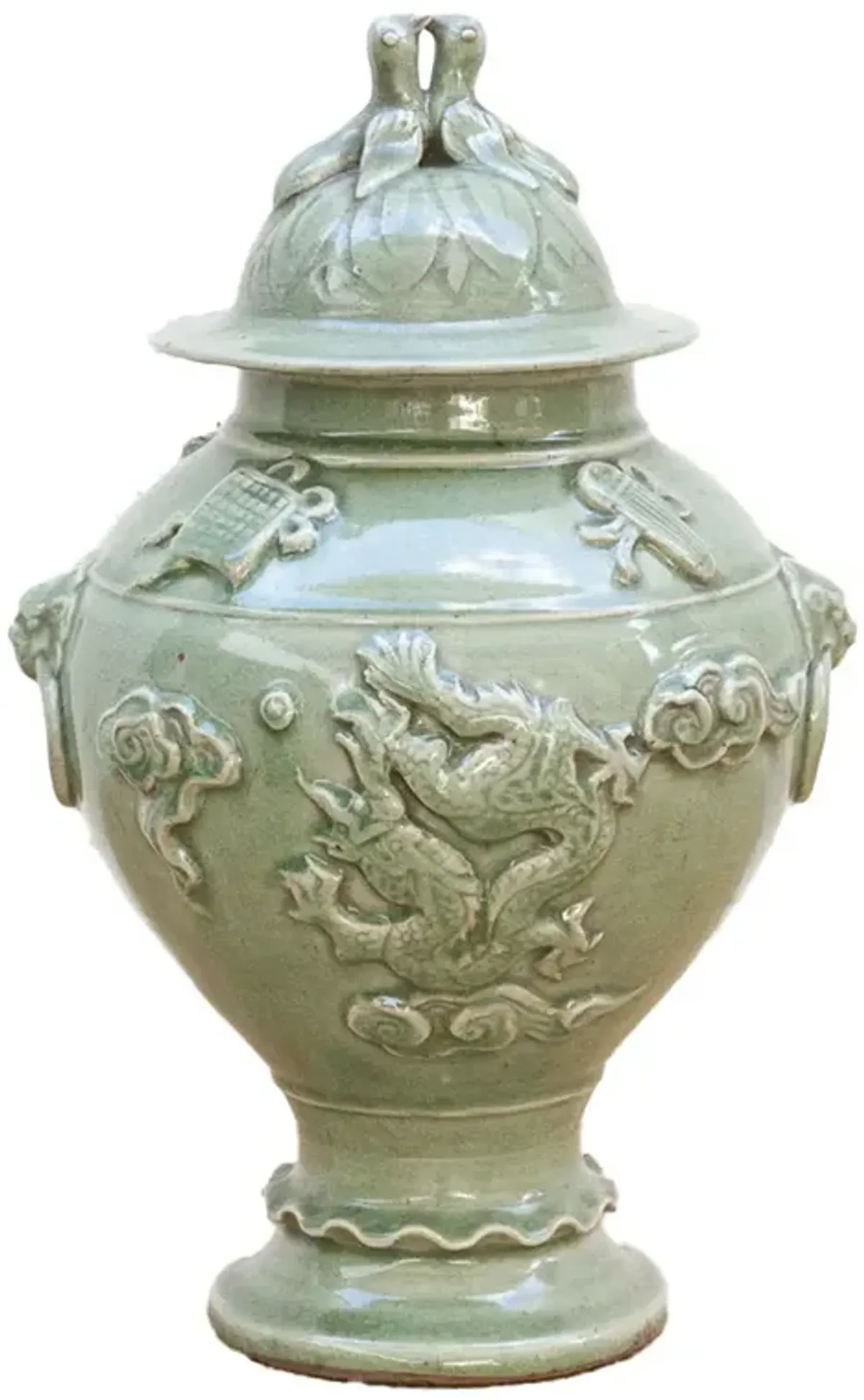 Celadon Dragon - Antique Chinese Jar - de-cor - green