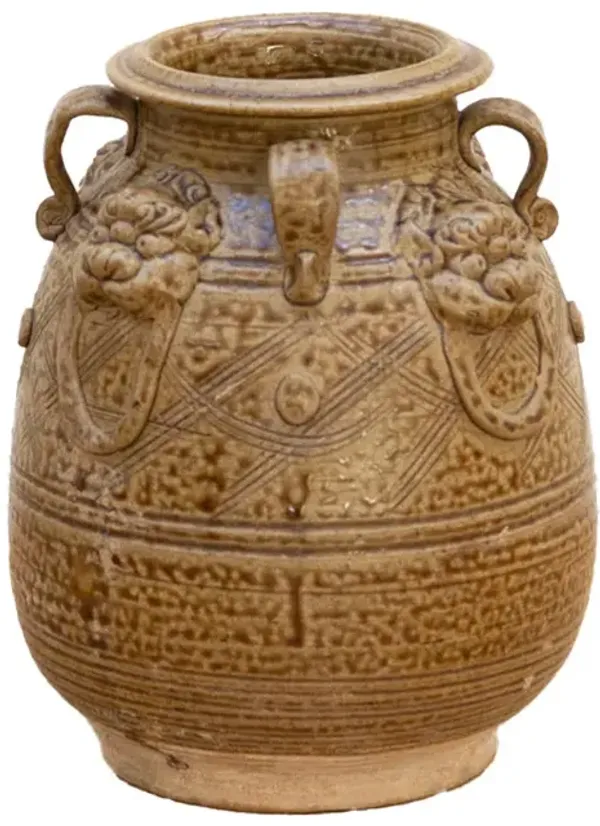 Antique Lionhead Provincial Brown Jar - de-cor