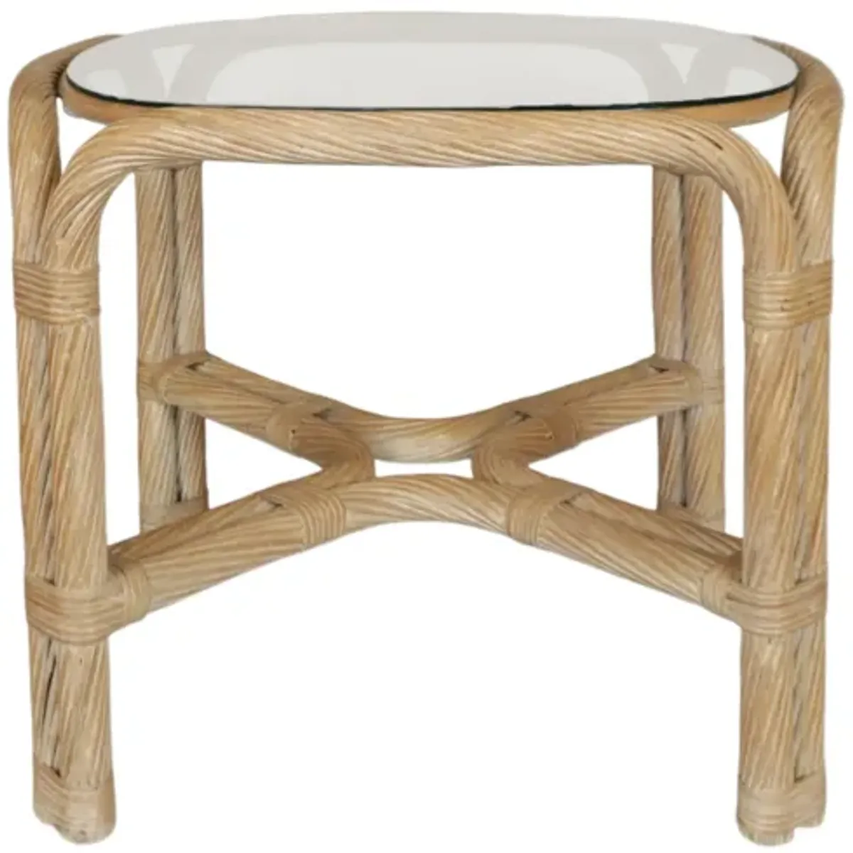 Rattan and Bamboo Glass Top Side Table