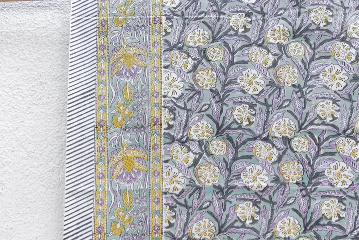 Morning Petal - Hand Blockprint Coverlet - de-cor - Handcrafted - blue