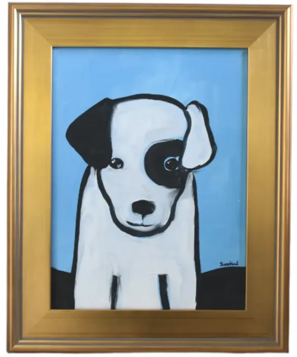 Folk Art Doggie Dog Puppy Oil Painting - blue