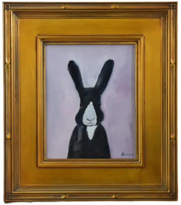 Folk Art Bunny Rabbit Hare Oil Painting - purple