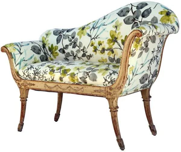 Sleek Curvy Chaise in Printed Linen - Fleur de Lex Antiques - green - Comfortable, Sturdy, Stylish
