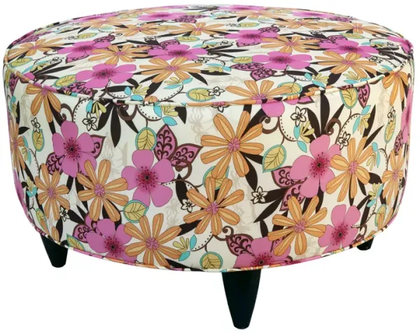 Round Floral Ottoman/ Vintage Upholestry - Fleur de Lex Antiques - pink
