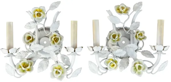 Electrified Wall Sconces/Ceramic Flowers - Fleur de Lex Antiques - Handcrafted - white
