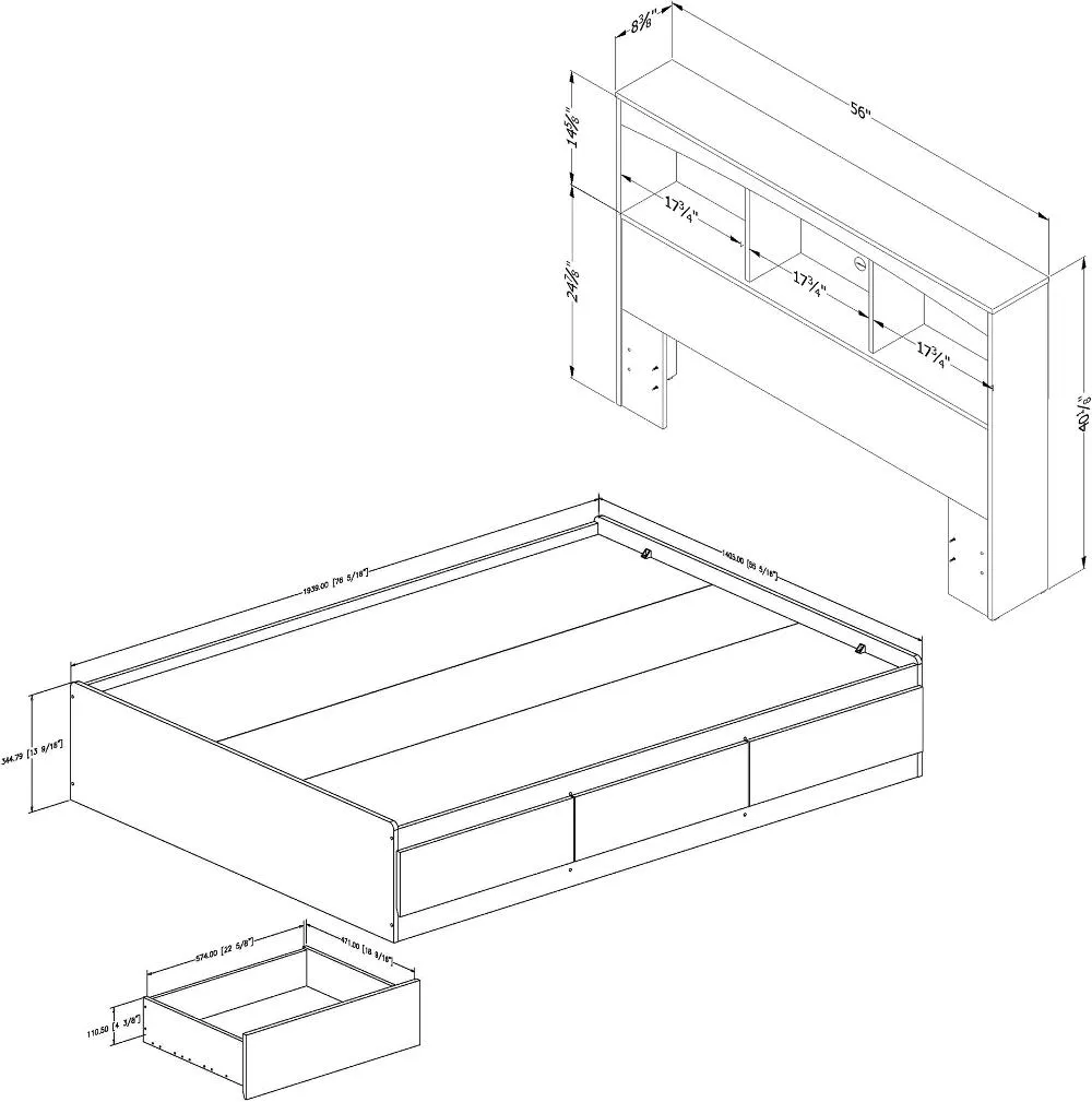 White Mates Full Bed with Bookcase Headboard - South Shore