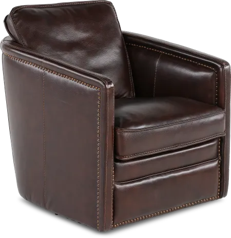 Piper Coffee Brown Leather-Match Swivel Barrel Chair