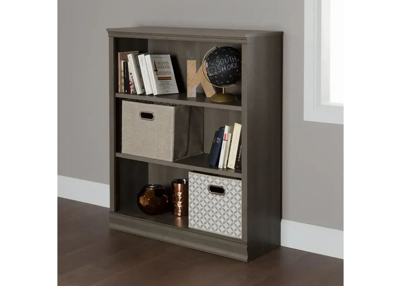 Morgan Gray Maple 3-Shelf Bookcase - South Shore