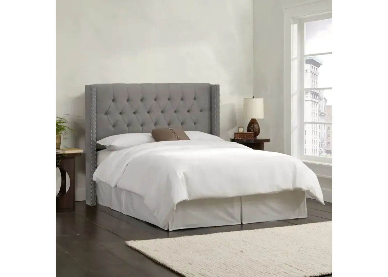 Abigail Gray Diamond Tufted Wingback Full Headboard - Skyline...