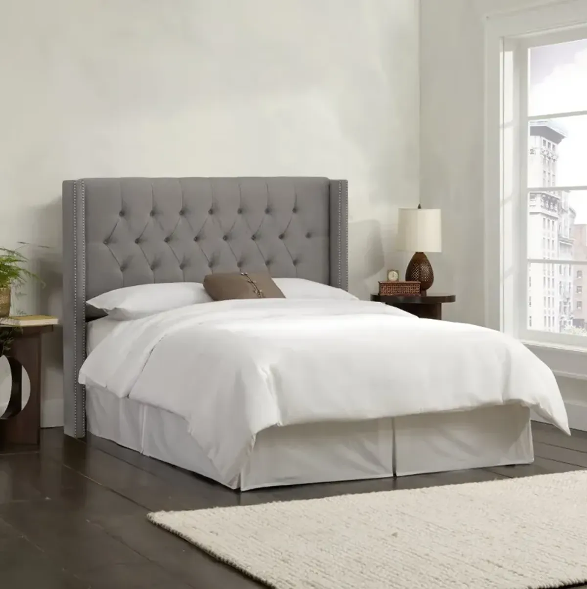 Abigail Gray Diamond Tufted Wingback Full Headboard - Skyline...