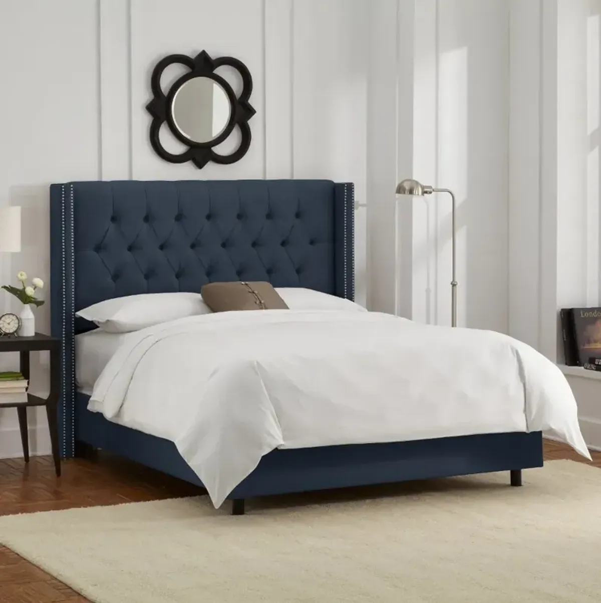 Abigail Navy Blue Diamond Tufted Wingback Full Headboard - Skyline...