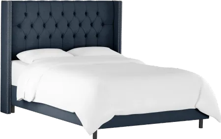 Abigail Navy Blue Diamond Tufted Wingback Queen Bed - Skyline...