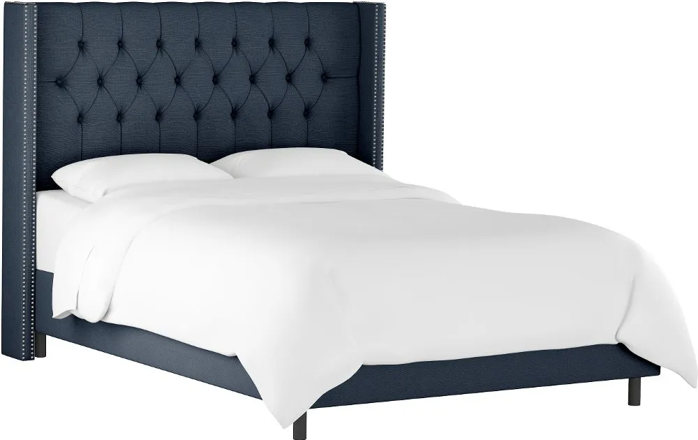 Abigail Navy Blue Diamond Tufted Wingback Queen Bed - Skyline...