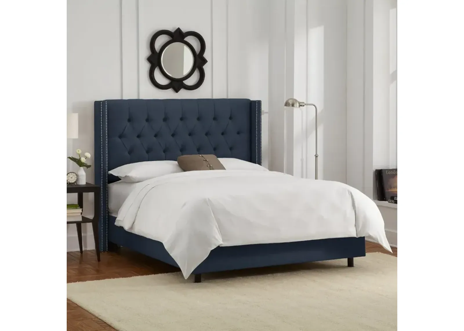 Abigail Navy Blue Diamond Tufted Wingback Queen Bed - Skyline...