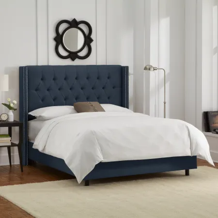 Abigail Navy Blue Diamond Tufted Wingback King Bed - Skyline Furniture