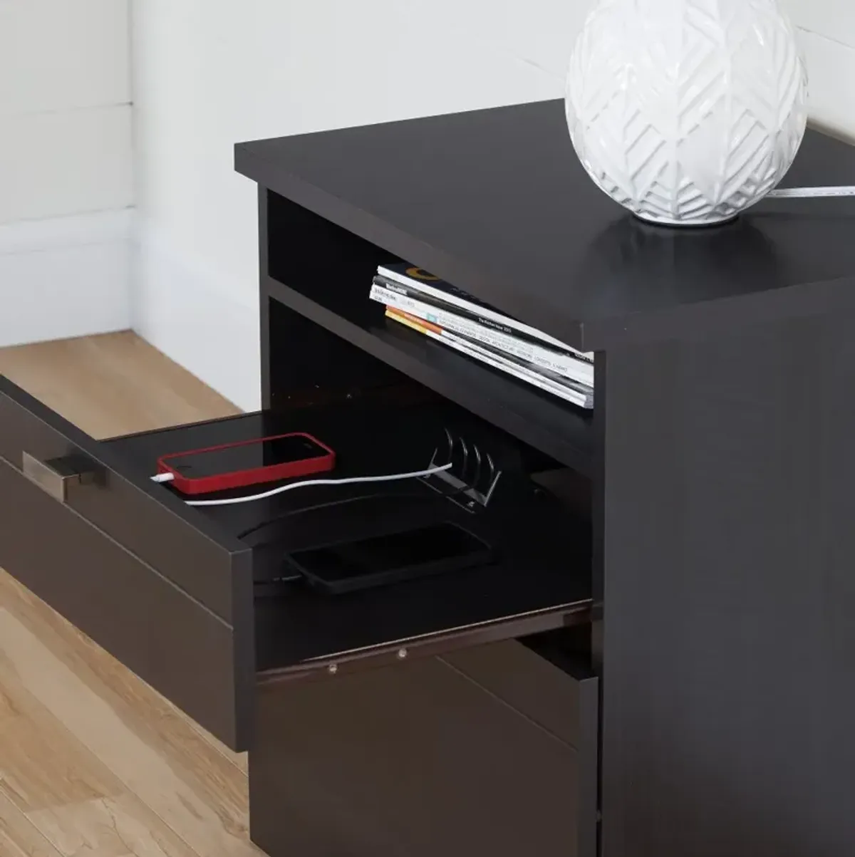 Reevo Black Nightstand with Drawers and Cord Catcher - South Shore