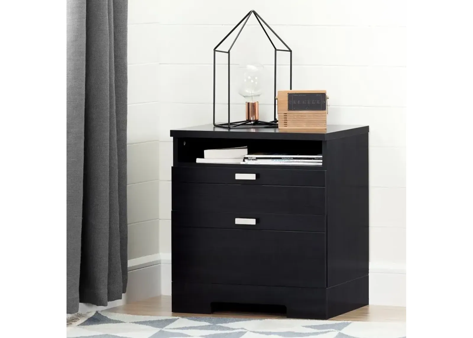 Reevo Black Nightstand with Drawers and Cord Catcher - South Shore