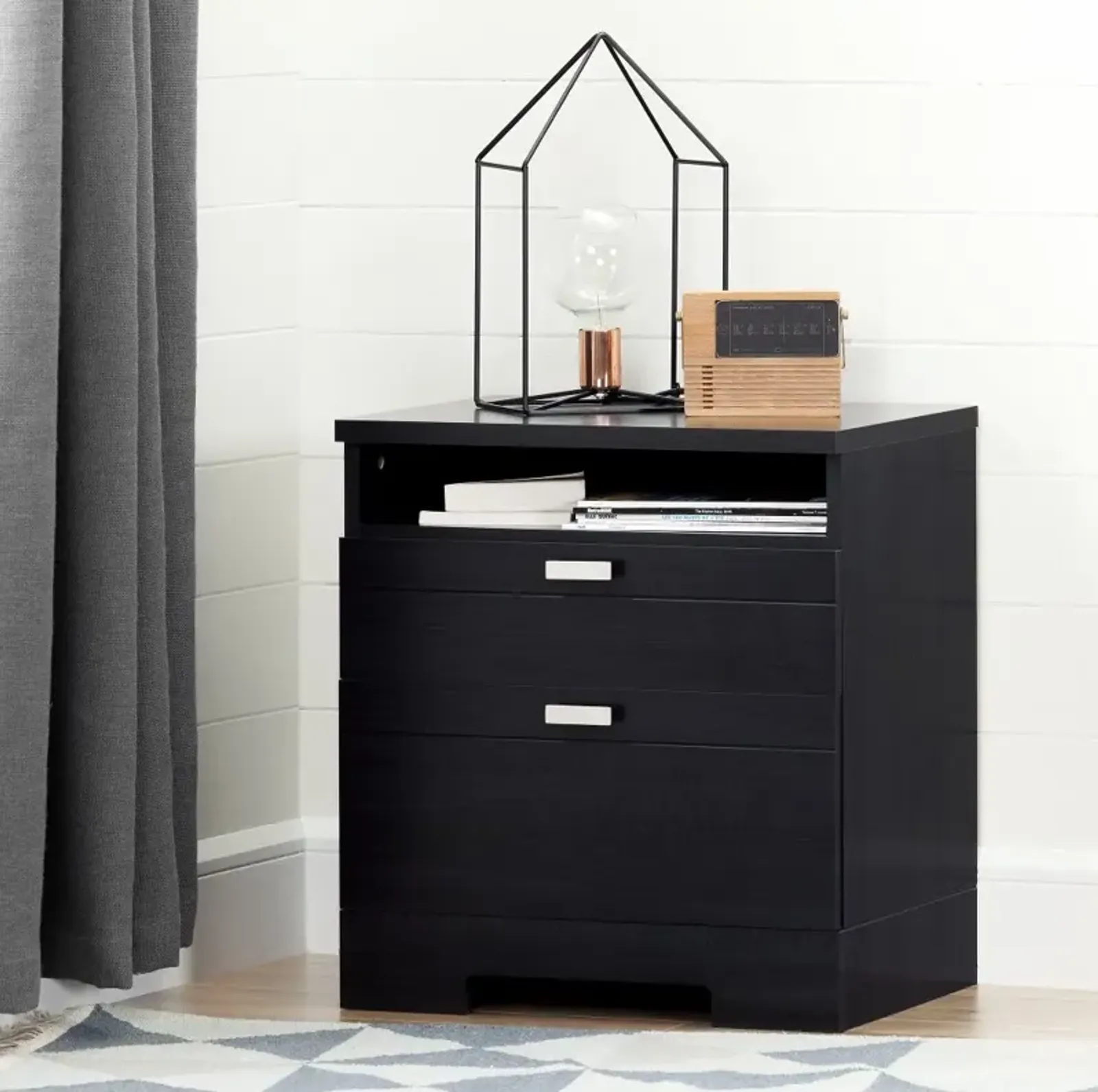 Reevo Black Nightstand with Drawers and Cord Catcher - South Shore