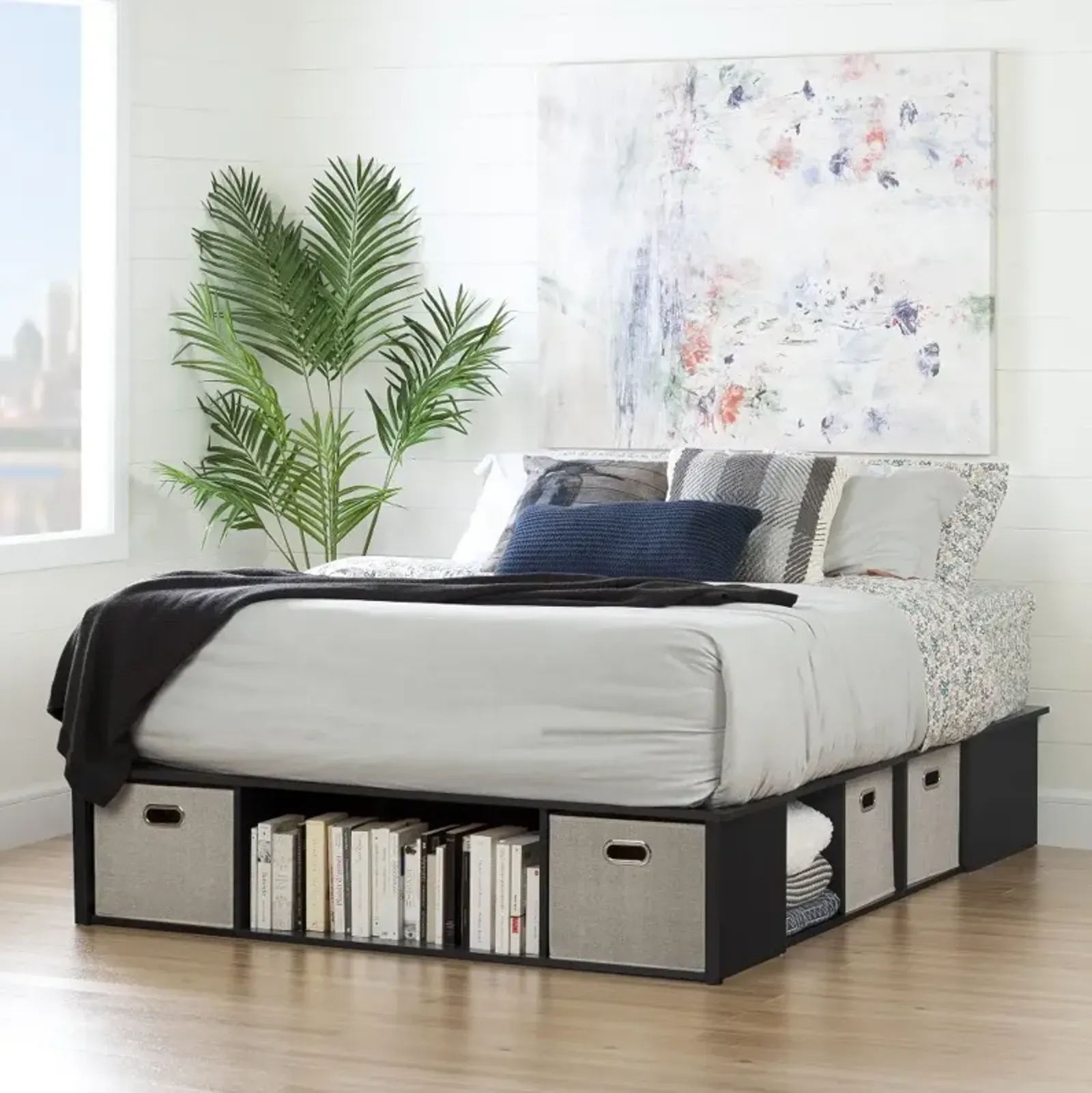 Black Oak Queen Platform Bed with Storage and Baskets - South Shore