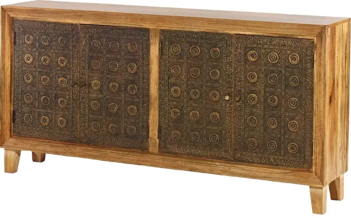 Brass and Natural Brocade Sideboard
