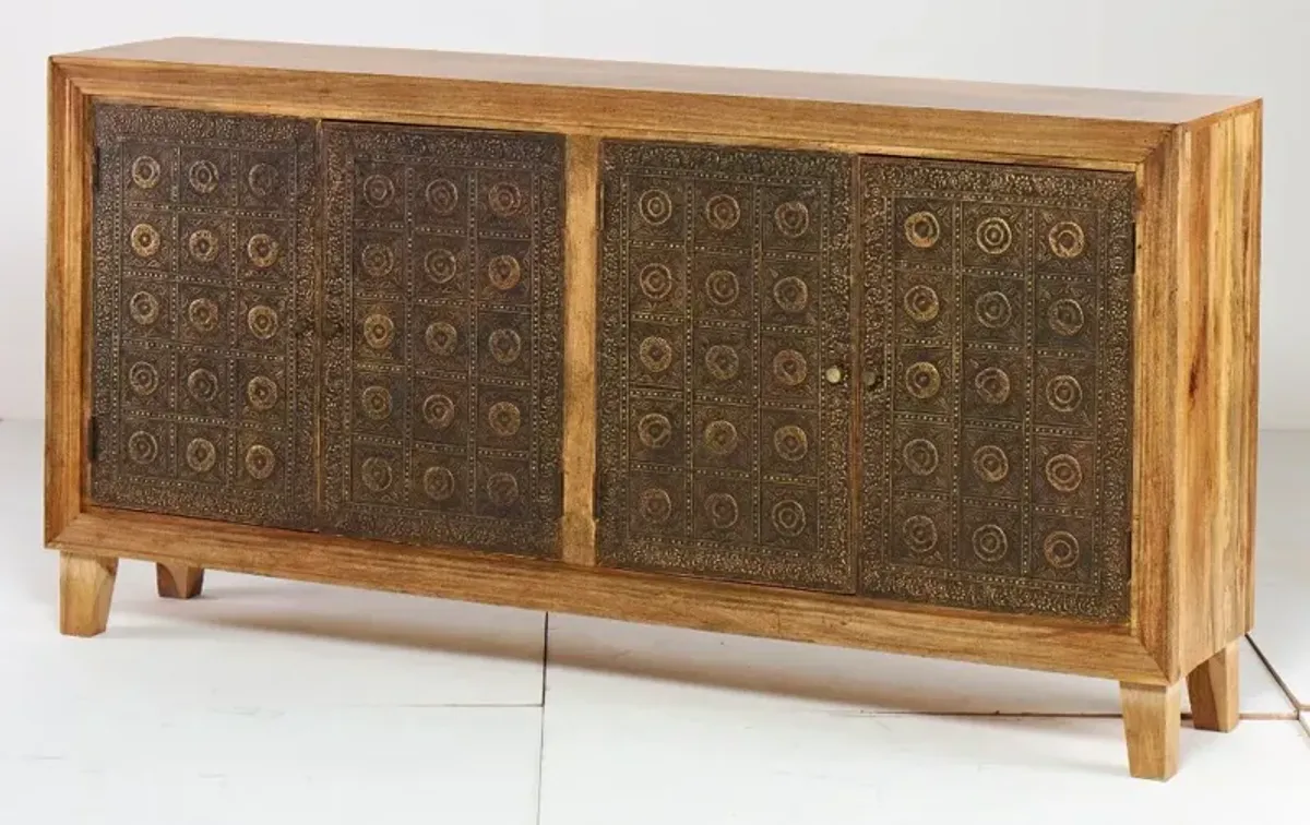 Brass and Natural Brocade Sideboard