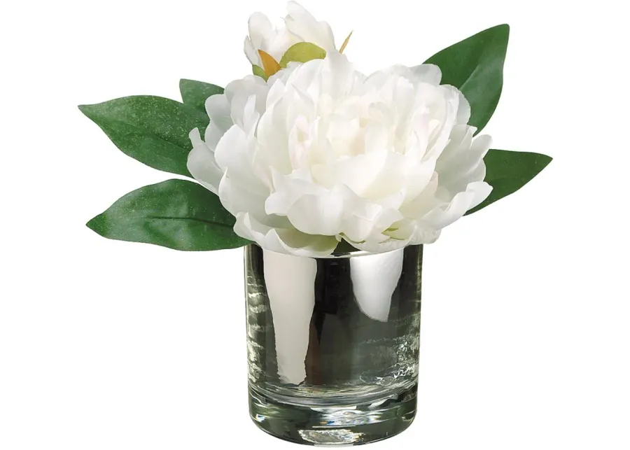 Faux White Peony Arrangement in a Glass Vase