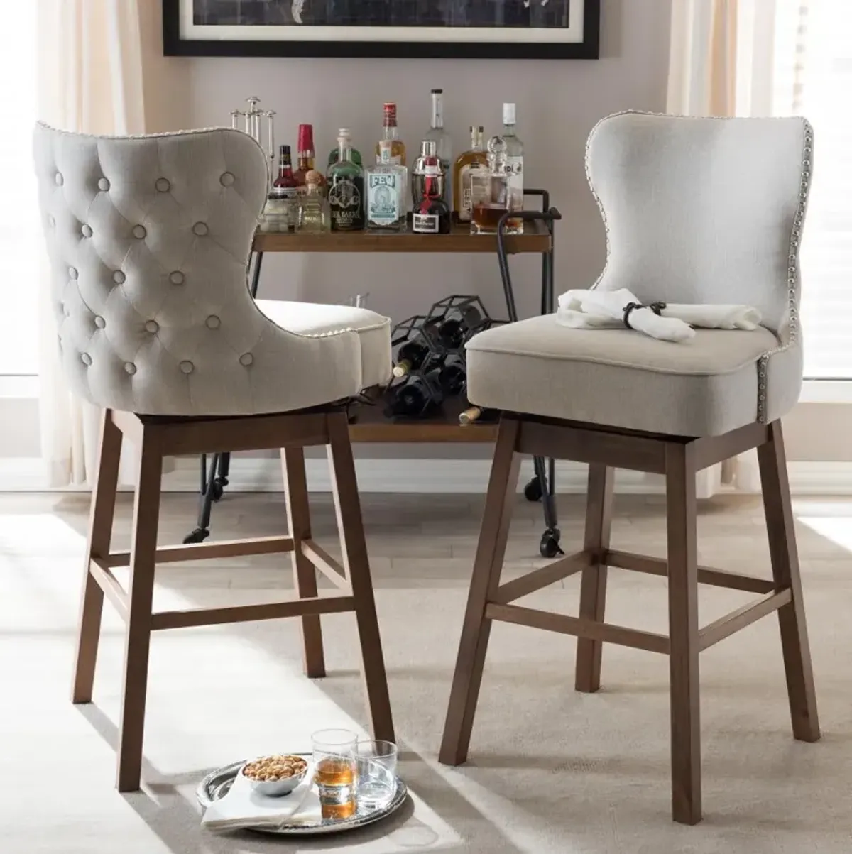 Gradisca Taupe Upholstered Swivel Bar Stools - Set of 2