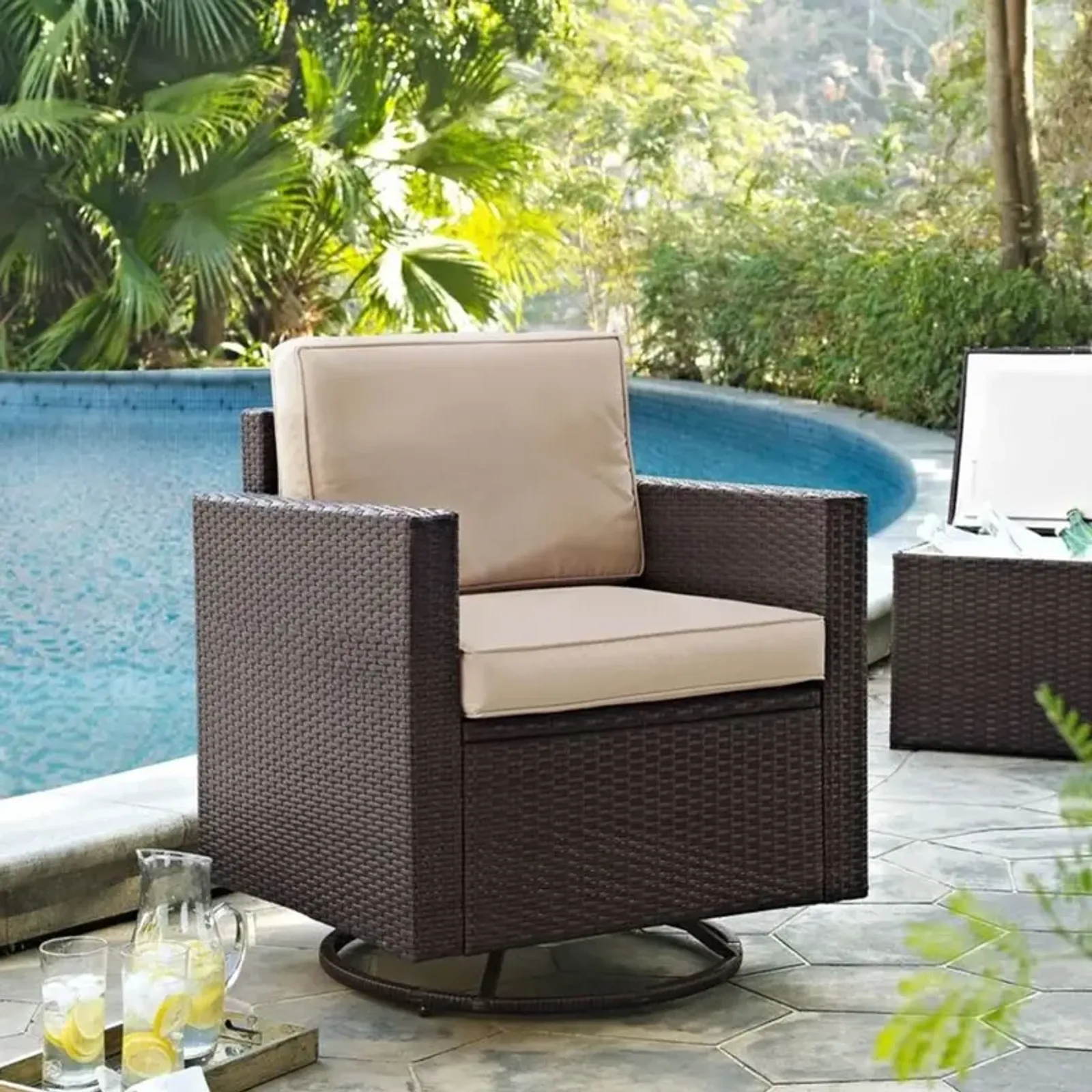 Palm Harbor Sand and Wicker Patio Swivel Armchair