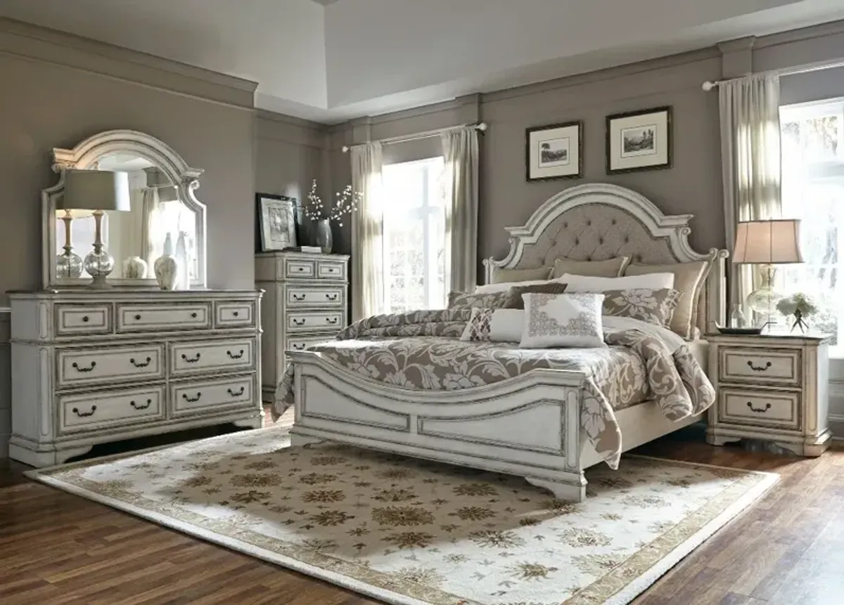 Magnolia Manor Antique White Upholstered King Bed