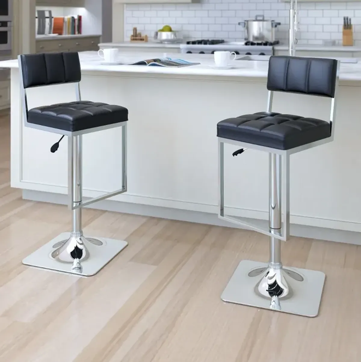 Chez Black and Chrome Adjustable Bar Stool, Set of 2