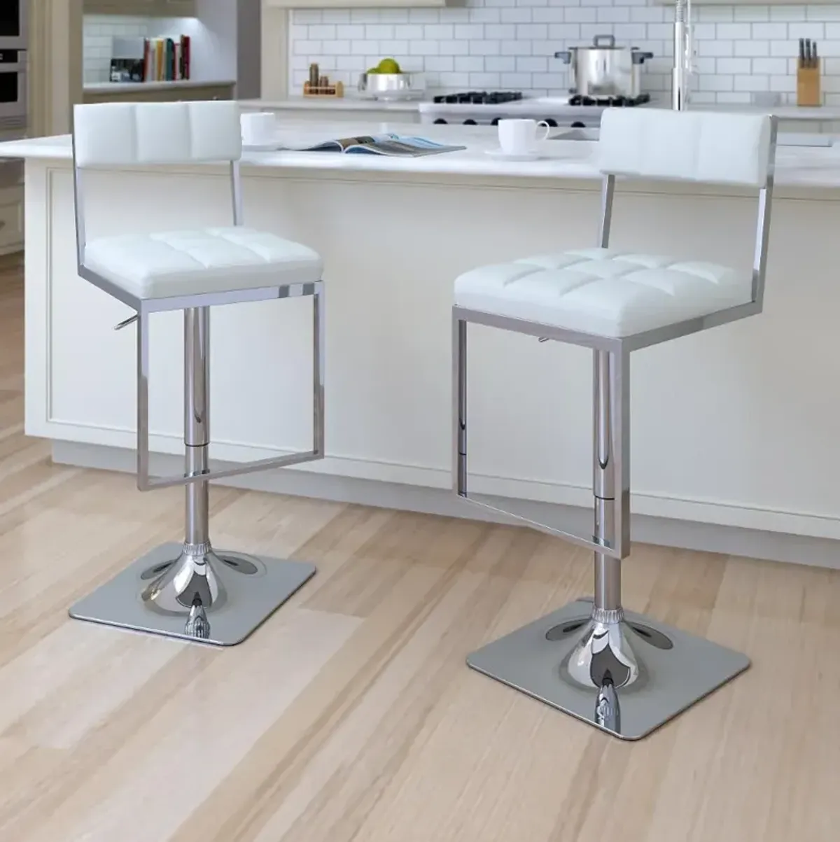 Chez White and Chrome Adjustable Bar Stool, Set of 2