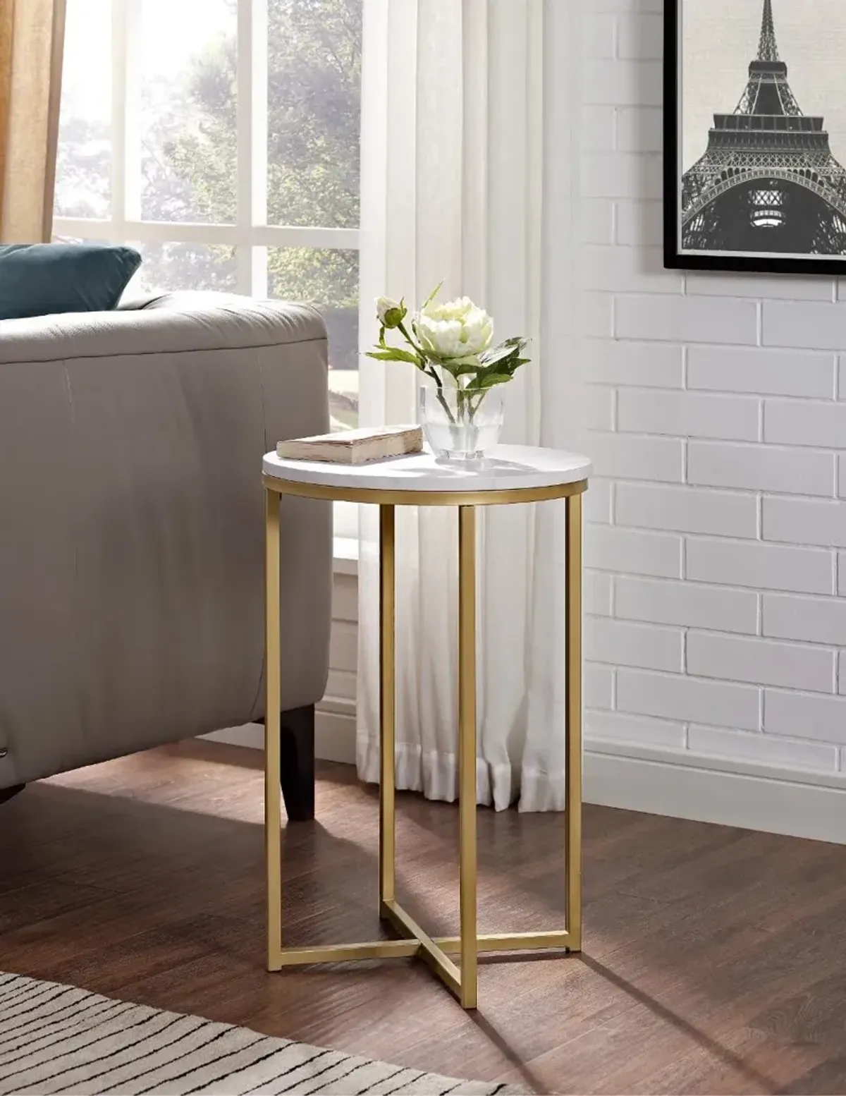 White Faux-Marble 16 Inch Round Side Table with Gold Base - Walker...