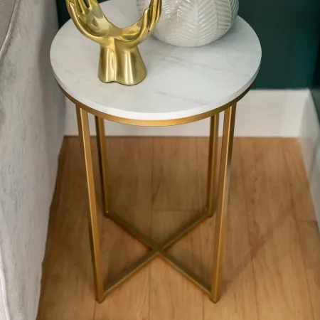 White Faux-Marble 16 Inch Round Side Table with Gold Base - Walker...