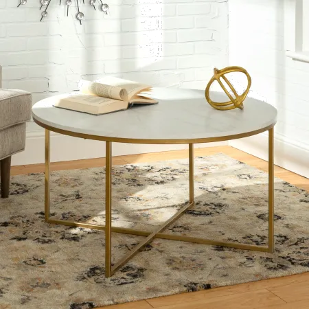 White Faux-Marble 36 Inch Round Coffee Table with Gold Base -...